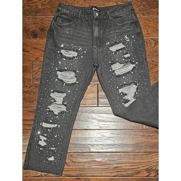 Vocal Dreamer Y2K Distressed Gray Jeans W Pearl & Rhinestone Embellishments S L - Picture 3 of 9